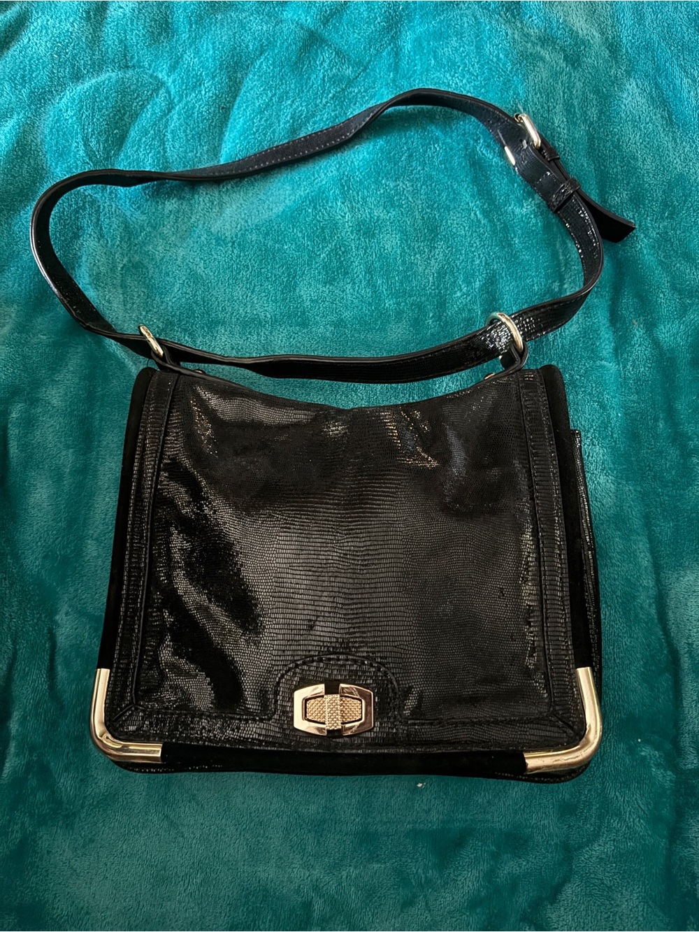 Black Fabric Crossbody Bag with Gold Accents